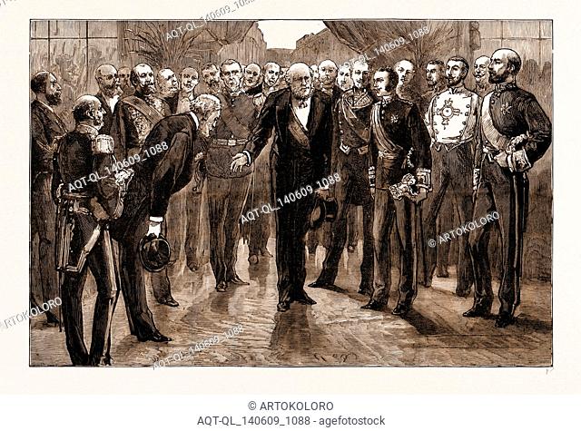 PRESIDENT GREVY AND THE FRENCH CABINET RECEIVING THE KING AT THE GARE DU NORD, PARIS, FRANCE, 1883