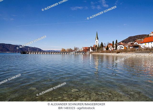 Sipplingen on Lake Constance with its historic town center, the parish church of St. Martin and the harbor seen from the water, Ueberlingersee lake