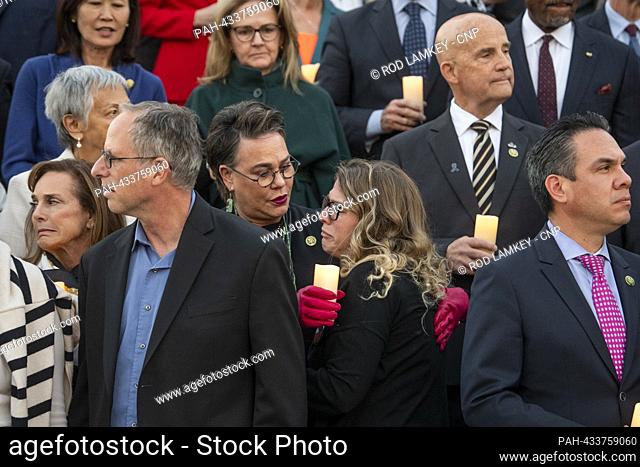 United States Representative Harriet Hageman (Republican of Wyoming) comforts Shani Segal as Congressional Members are joined by family members of Israeli...