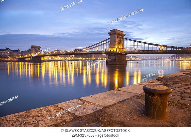 Dawn at Chain Bridge across Danube river in Budapest, Hungary