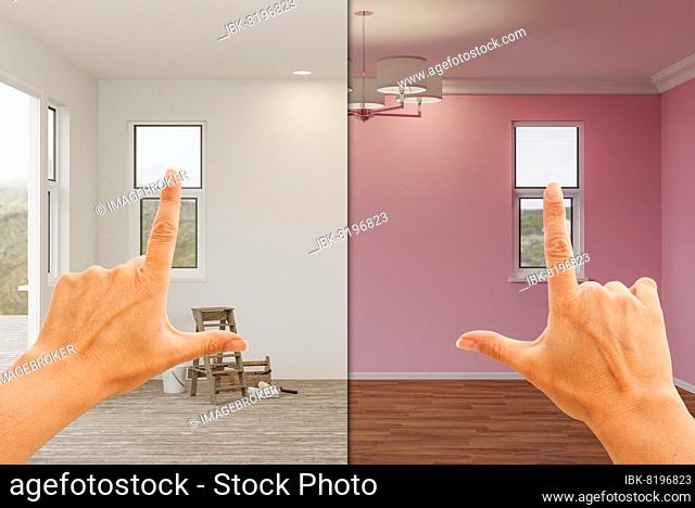 Female hands framing before and after bubble gum pink painted walls in empty room of house