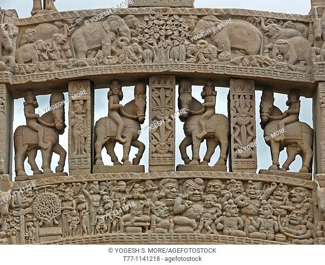 Carved part of Sanchi Stupa No 1, Uttari Toran Dwar, North gate Sanchi, Madhya pradesh, India