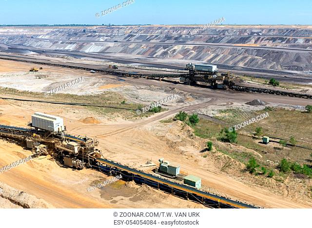 Brown coal open pit landscape with conveyer belt in Garzweiler mine Germany