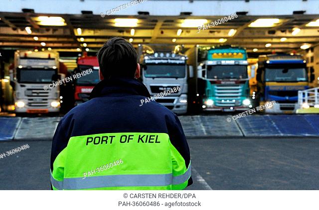 Trucks leave the Swedish ferry Stena Germanica on the Sweden Quai in Kiel,  Germany, 08 January 2013. On 09 January 2013