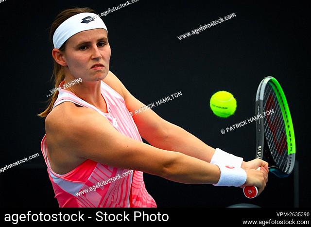 Greet Minnen (WTA 110) in action during a tennis match against Argentine Nadia Podoroska, in the second round of the women's singles at the Yarra Valley Classic...