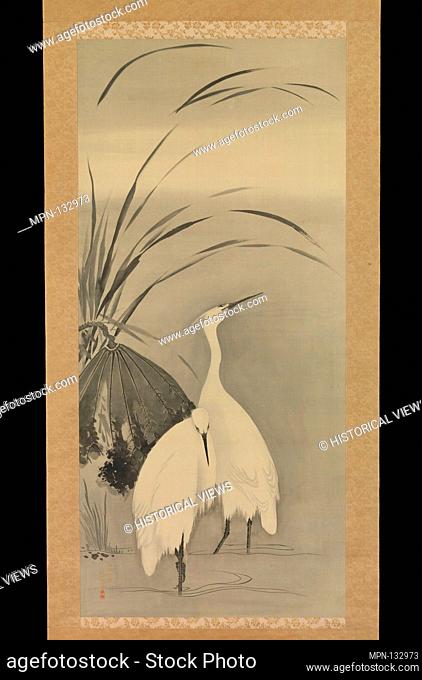 Two Egrets and Lotus. Artist: Sakai Hoitsu (Japanese, 1761-1828); Period: Edo period (1615-1868); Date: 1761-1828; Culture: Japan; Medium: Hanging scroll; ink...