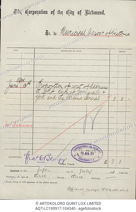 Invoice - 'The Corporation of the City of Richmond', 5 Jul 1901, Payment notice from the City of Richmond to the Municipal Association of Victoria