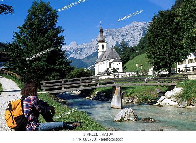 Ramsau, Berchtesgadener Land, Bavaria, Germany, Europe, brook, creek, stream, trees, mountain, mountains, bridge, Euro