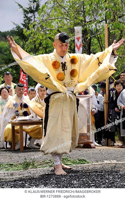 Yamabushi followers, mountain ascetics, Buddhist sect, priest invoking the deity at the fire, Iwakura, Japan, East Asia, Asia
