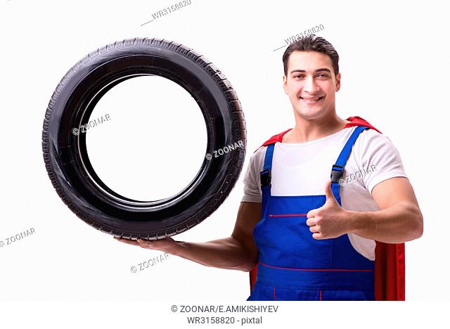 Superhero man with tyre isolated white background