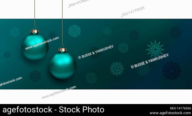 Shiny blue Christmas balls on a ribbon against a background of snow crystals