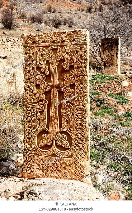 Medieval khachkars of Noravank monastery, traditional christian art in Armenia, Central Asia, unesco world heritage site