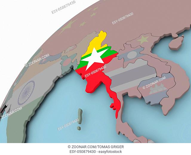 Myanmar on political globe with embedded flags. 3D illustration