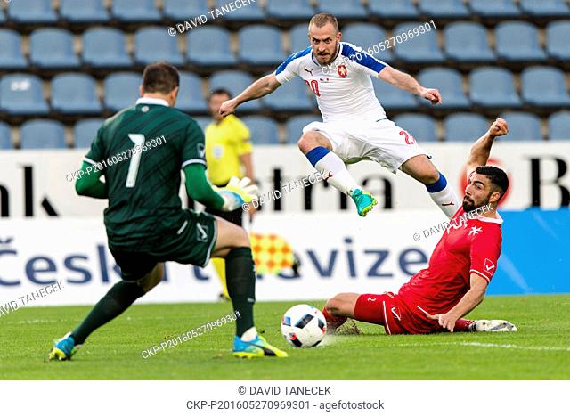 From left: Henry Bonello of Malta, Jiri Skalak of Czech Republic and Zach Muscat of Malta in action during a friendly soccer match between Czech Republic and...
