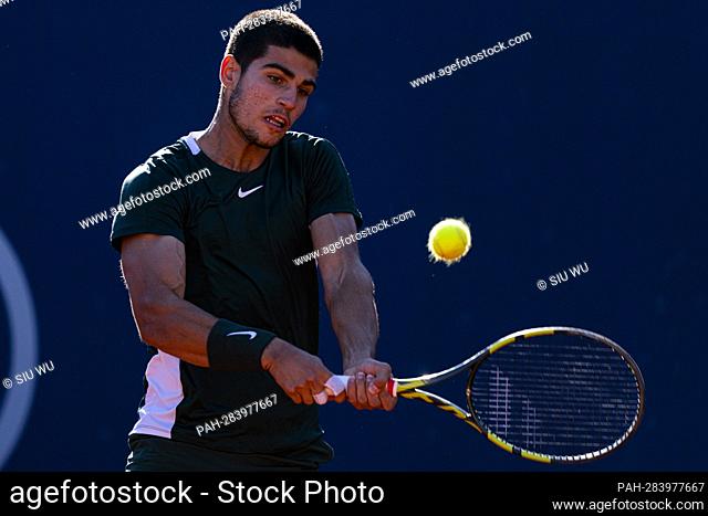 Carlos Alcaraz of Spain in action during the final match of the Barcelona Open Banc Sabadell at the Real Club de Tenis Barcelona on April 24, 2022 in Barcelona