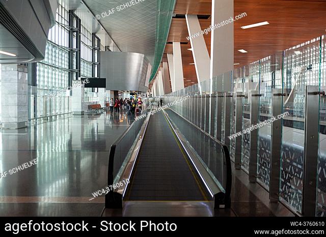 Doha, Qatar, Asia - Interior view of the new terminal at Hamad International Airport