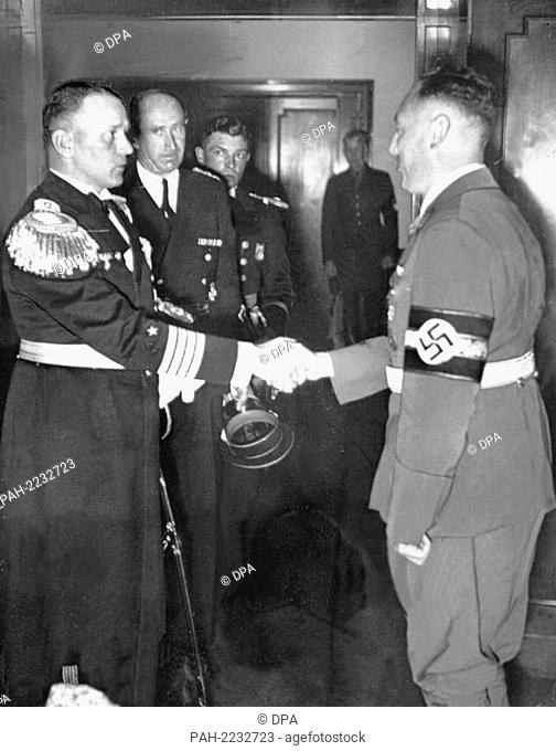 Gdansk Gauleiter Albert Forster (r) welcomes the commander of the 'Schleswig-Holstein' ship after the capture of Westerplatte in September 1939