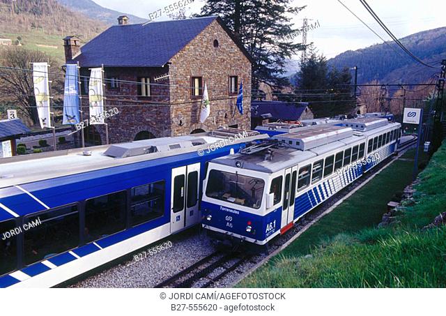 Cog railway in Queralbs (From Ribes de Freser to Nuria). Ripollès. Girona province. Catalonia. Spain