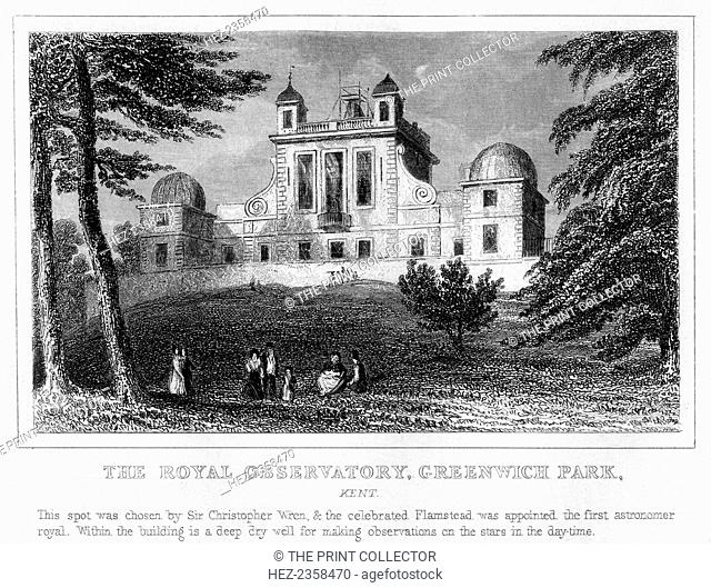 The Royal Observatory, Greenwich, London. Flamsteed House, the Royal Greenwich Observatory, was built by Christopher Wren (1632-1723) on the orders of Charles...