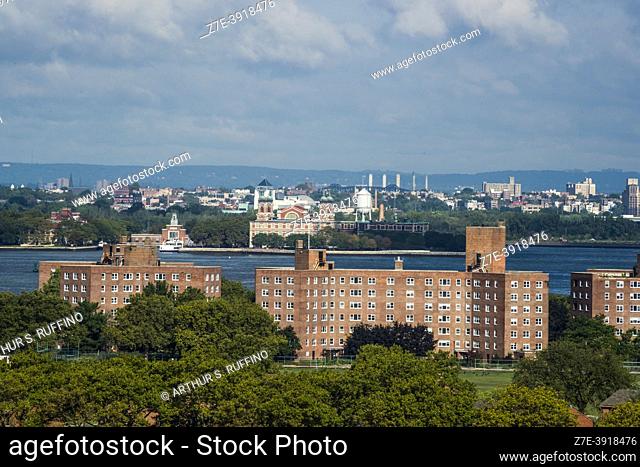 Ellis Island in background. New York City, New York State, United States of America