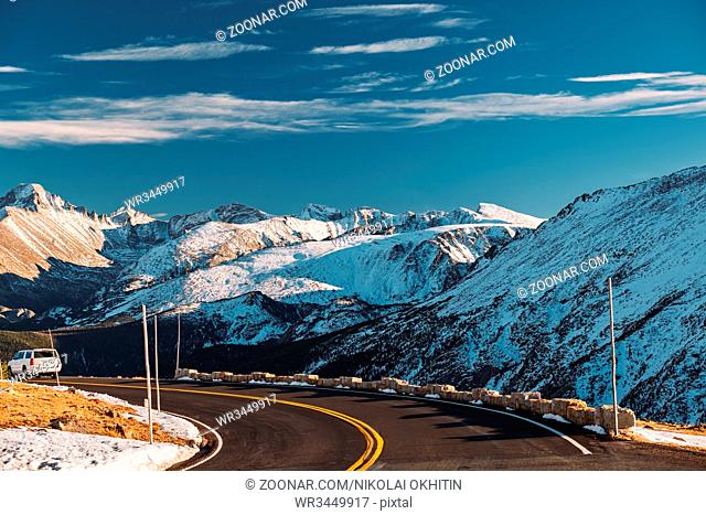 Trail Ridge Road, the highest (12, 183 feet) continuous highway in the USA in high alpine tundra with rocks and mountains at autumn