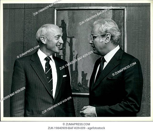 Sep. 09, 1984 - Secretary-General Javier Perez De Cuellar ( right ). meeting today at Headquarters with Kare Willoch. Prime Minister of Norway