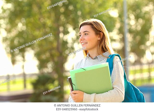 Happy beautiful student girl holding folders and books walking outdoors at sunset
