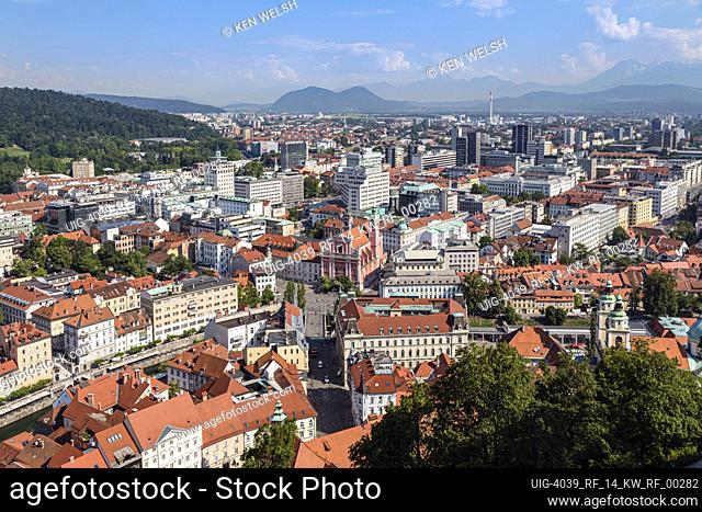 Ljubljana, Slovenia. Overall view of the city. The pink coloured church is the Baroque style Franciscan Church of the Annunciation
