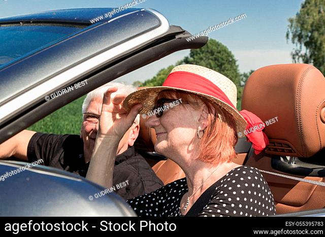 Happy elderly seniors couple with the car