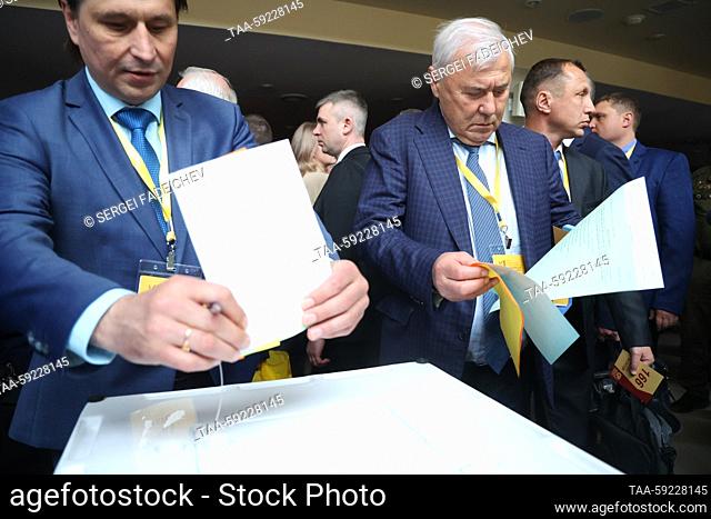 RUSSIA, MOSCOW REGION - MAY 20, 2023: Russian State Duma member Anatoly Aksakov (R front) at a convention of the Spravedlivaya Rossiya - Za Pravdu Party at the...