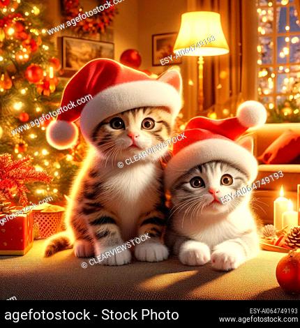 two cute little kittens with santa hats on christmas morning generative ai