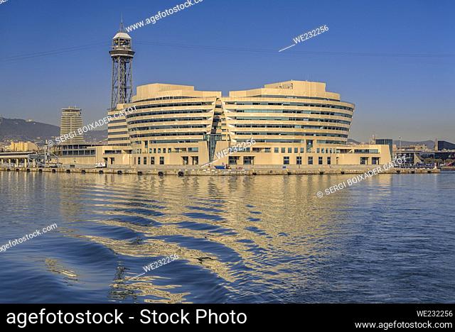 World Trade Center building and the Jaume I tower in the Port Vell (old port) of Barcelona (Catalonia, Spain)