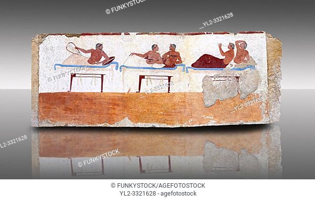 Greek Fresco on the inside of Tomb of the Diver [La Tomba del Truffatore] from the Greek city of Poseidonia which became Roman Paestum