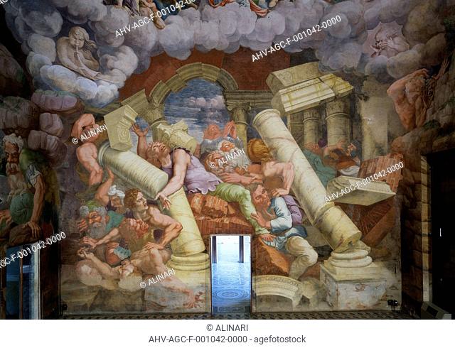 The fall of the giants struck by Jupiter's lightning. The frescos are in the Hall of the Giants of Palazzo Te, in Mantua (1525-1535), shot 1993 by Magliani