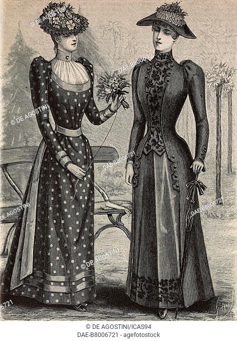 Fashion plate with an elegant dress for young women and a bengaline (cote de cheval) dress, creations by Madame Gradoz, engraving from La Mode Illustree, n 32