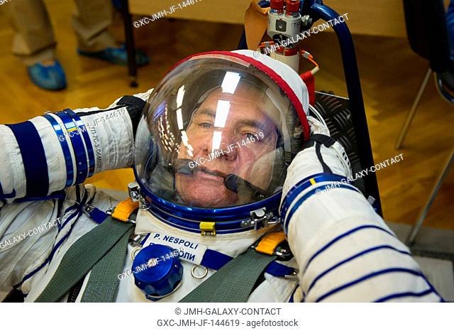 In the Integration Facility at the Baikonur Cosmodrome in Kazakhstan, Expedition 52-53 crewmember Paolo Nespoli of the European Space Agency undergoes a leak...