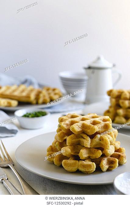 Stack of sweet potato waffles on a plate