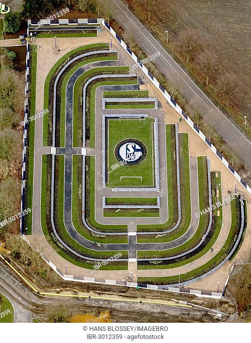 Aerial view, cemetery plot where fans of the traditional football club Schalke 04 can be buried, at Friedhof Beckhausen-Sutum cemetery, Gelsenkirchen, Ruhr area