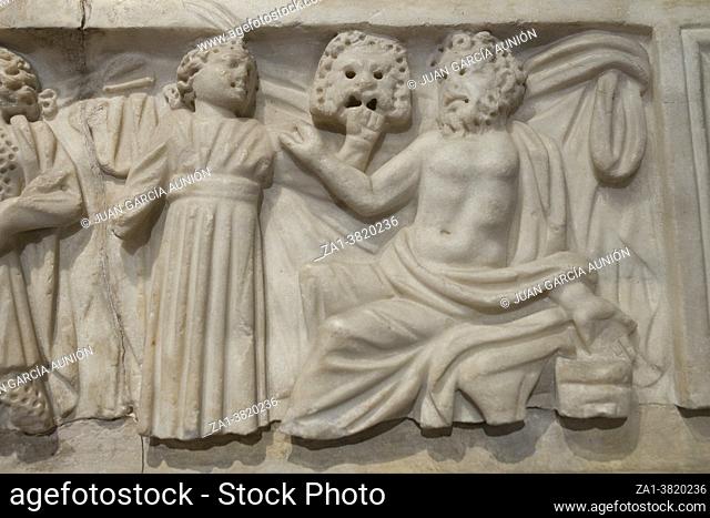 Lisbon, Portugal - March the 1st, 2020: Frieze of sarcophagus figuring philosophers or writers and muses. 3rd Century DC. Chelas, Portugal