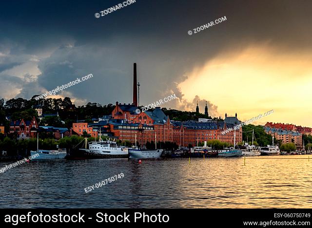 Stockholm, Sweden - August 8, 2019: Waterfront view Ugglan quarter