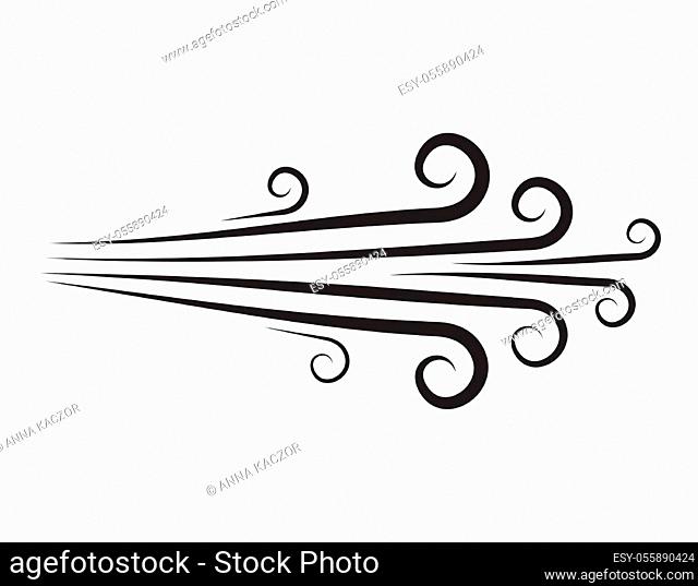 Blowing wind doodle icon. Hand-drawn clipart of air symbol isolated on white. Ornamental line motion. Curve of flow dust. Cartoon power blast