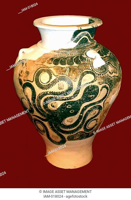 Jar decorated with six-tentacled octopus and murex shells. Palace at Knossos, Crete, 1450-1400 BC, clay. Murex shells are the source for the purple-red dye