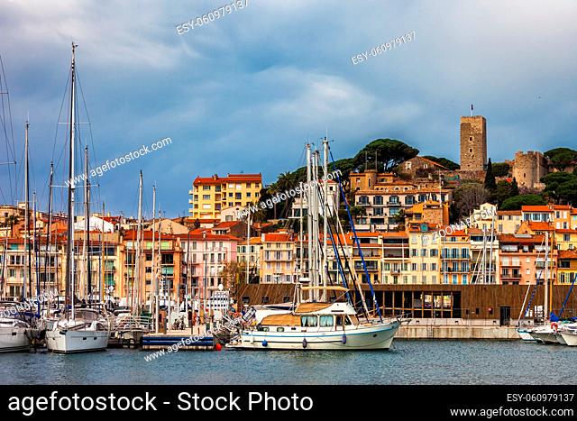 France, Cannes, French Riviera, city view from Le Vieux Port to Le Suquet - the Old Town