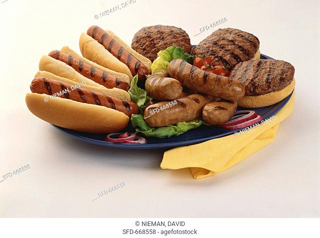 Barbecue Platter with Hot Dogs, Sausages and Hamburgers