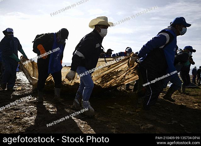 08 April 2021, Bolivia, Oruro: People wearing mouth-to-nose coverings, boots or shoes wrapped in bags take part in a large-scale cleaning operation at Lake Uru...