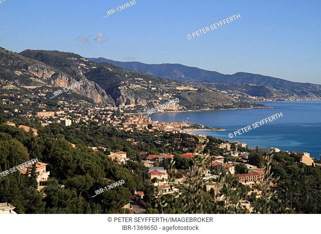 View from the Chapel of La Pausa in Roquebrune Cap Martin on Menton and the border to Italy, Alpes Maritimes, Cote d'Azur, France, Europe