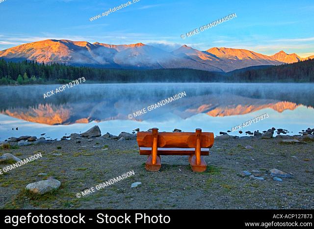 Bench overlooking Patricia Lake and the Trident Range of the Canadian Rocky Mountains Jasper National Park Alberta Canada