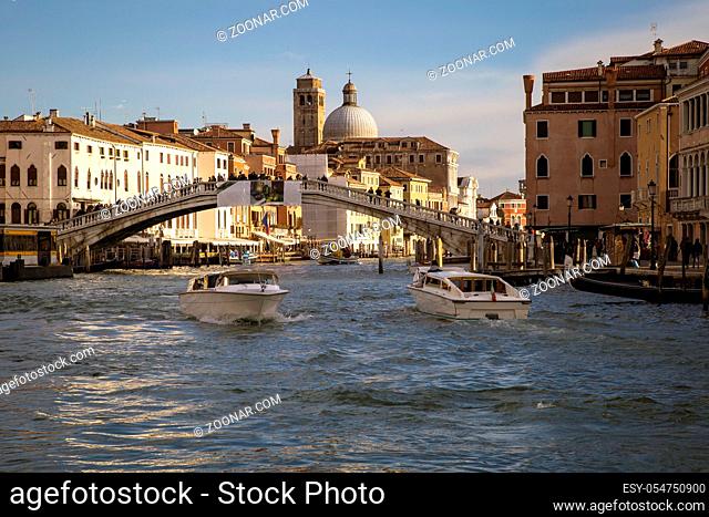 Morning bustling life on the Grand Canal in winter Venice, Italy