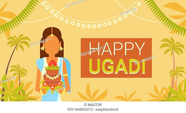 Happy Ugadi and Gudi Padwa Hindu New Year Greeting Card Holiday Flat Vector Illustration
