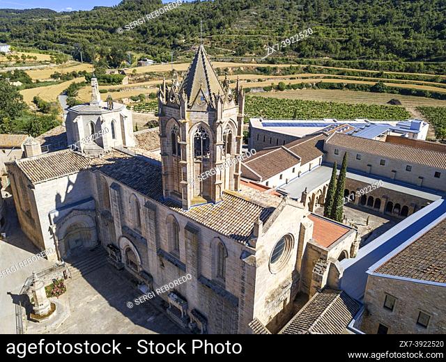 Aerial view of Vallbona de les Monges LLeida Catalonia Spain. Vallbona Abbey, otherwise the Monastery of Santa Maria de Vallbona is a Cistercian nunnery in...